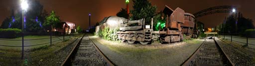 Duisburg, Landschaftspark Nord, Torpedowagen bei Nacht